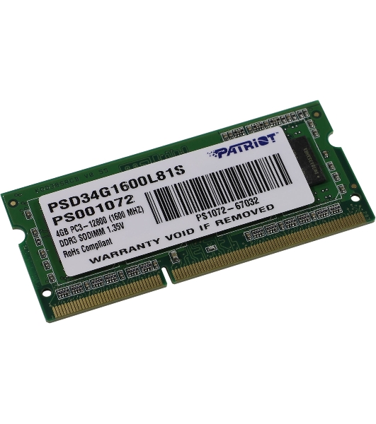 Оперативная память Patriot, DDR3L, 4GB (1x4 GB), 1600 MHz, CL11, SO-DIMM