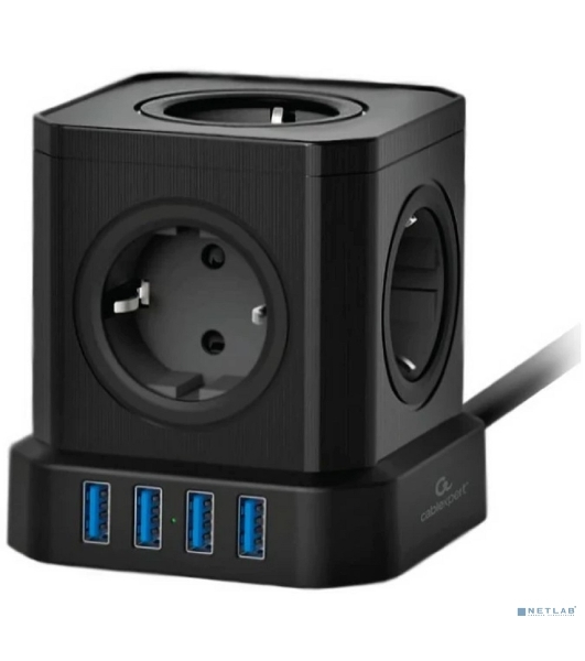 Сетевой фильтр Cablexpert Tower, TWR-5-U4-B-3, 5 р, 10А, 4хUSB, 3.1А, 3 м, ур.защиты 4+, черный, коробка