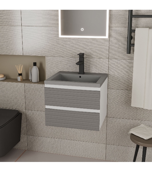 Тумба под раковину Bau Stil Loft grey brushed, раковина кварцевая BAU Stil 50, серый металлик