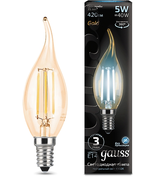 Лампа светодиодная филаментная Gauss Filament 5Вт цок.: E14 свеча 220B св. свеч. бел. нейт. (упак.: 10 шт)