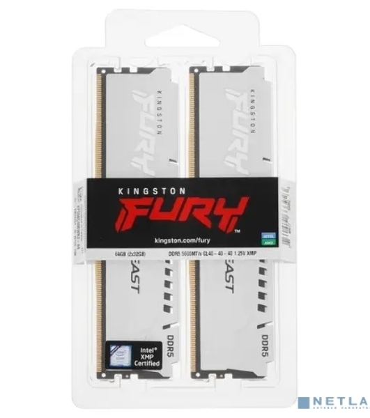 Оперативная память Kingston Fury Beast, DDR5, 64Gb (2x32Gb), 5600MHz, CL40, DIMM, с радиатором, белый