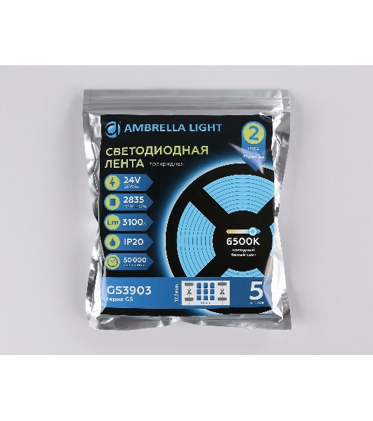 Светодиодная лента Ambrella light GS3903 2835 324Led/ 26W m/ 24V IP20 6500K/ 5000*18*1.2mm (2 конт.)