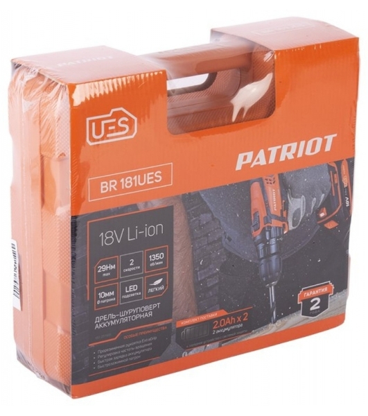 Дрель-шуруповерт Patriot BR 181UES, 21 В, 2 Ач, 29 Нм, щеточный