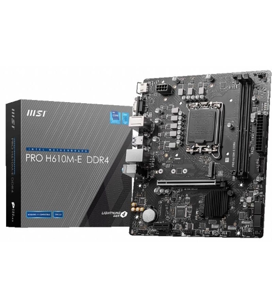 Материнская плата MSI PRO H610M-E DDR4, LGA 1700, Intel H610, 2xDDR4, 4xSATA, 1xM.2, 1xPCIe 4.0 x16, 1xPCIe 4.0 x1, 1xHDMI, 1xVGA, 1xRJ45 1Gb, 2xUSB-A 3.2 Gen 1, 4xUSB-A 2.0, 3x3.5мм, 7.1, mATX
