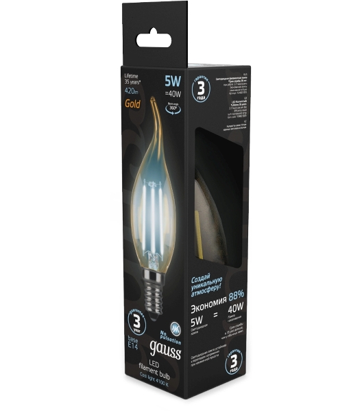 Лампа светодиодная филаментная Gauss Filament 5Вт цок.: E14 свеча 220B св. свеч. бел. нейт. (упак.: 10 шт)