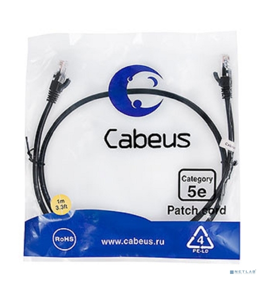 Шнур коммутационный Cabeus, Cat.5e, неэкр., U/UTP, RJ45/RJ45, PVC, AWG24, 1м, черный