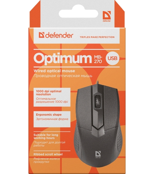 Мышь проводная Defender Optimum MB-270 черный, 1000 dpi, USB, кнопки - 3