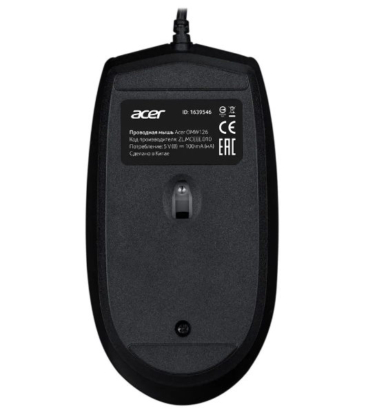 Мышь проводная Acer OMW126 черный, 1200 dpi, USB, кнопки - 3