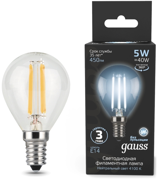 Лампа светодиодная филаментная Gauss Filament 5Вт цок.: E14 свеча 220B св. свеч. бел.нейт. (упак.: 10 шт)