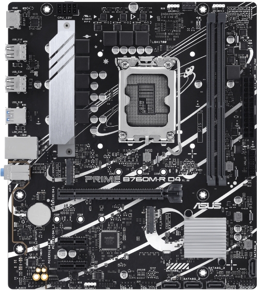 Материнская плата ASUS PRIME B760M-R D4, LGA 1700, Intel B760, 2xDDR4, 4xSATA, 2xM.2, 1xPCIe 4.0 x16, 1xPCIe x1, 1xHDMI, 1x 2.5Gb LAN, 4xUSB-A 2.0, 4xUSB-A 3.2 Gen 1, 3x3.5 мм, 7.1, mATX