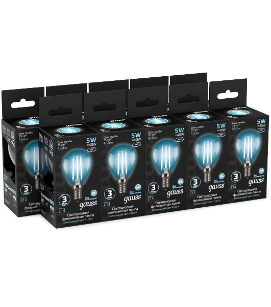 Лампа светодиодная филаментная Gauss Filament 5Вт цок.: E14 свеча 220B св. свеч. бел.нейт. (упак.: 10 шт)