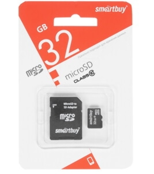 Флеш карта Micro SDHC 32Gb Smartbuy Class 10, адаптер в комплектеLE