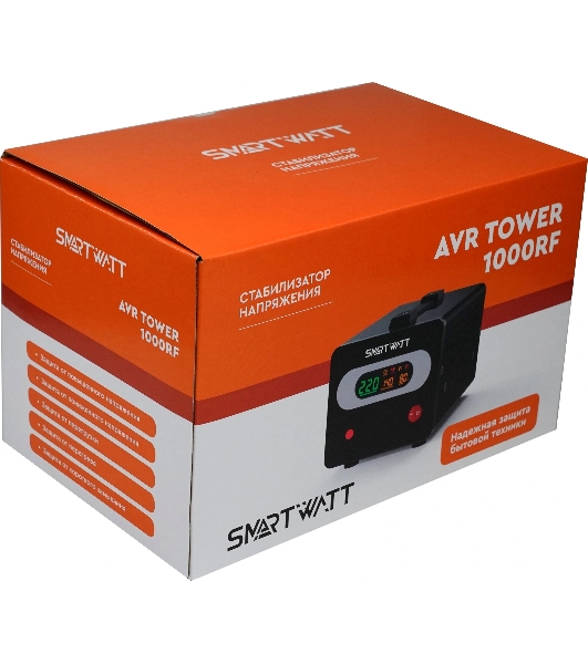 Напольный стабилизатор напряжения SMARTWATT AVR TOWER 1000RF (140W - 260W, 1000VA, 1 кВт, 50-60 Гц, розеток - 1, LED-дис