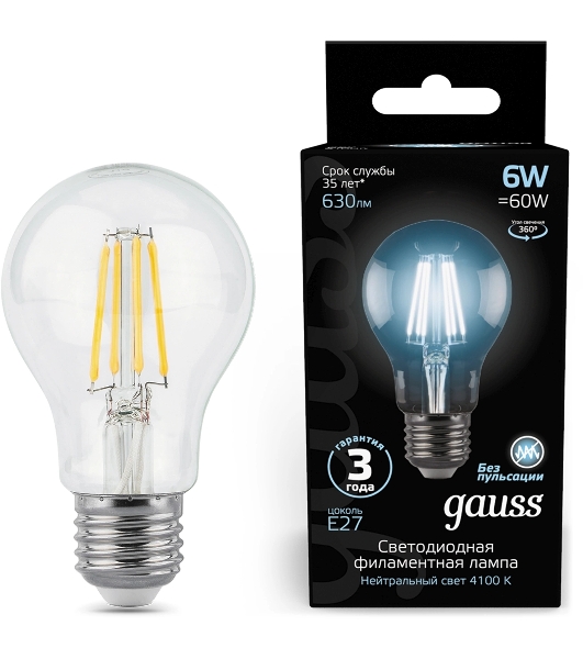 Лампа светодиодная Gauss 102802206LED Filament А60 Е27 6Вт 4100к 1/10/40