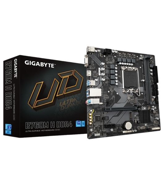Материнская плата Gigabyte B760M H DDR4, LGA 1700, Intel B760, 2xDDR4, 4xSATA, 2xM.2, 1xPCIe 4.0 x16, 1xPCIe x1, 1xHDMI, 1xVGA, 1x 1Gb LAN, 2xUSB 2.0, 4xUSB 3.2 Gen 1, 3x3.5 мм, 7.1, Micro ATX