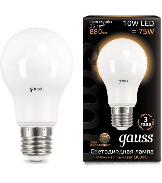 Лампа светодиодная GAUSS 102502110 LED A60 10W E27 880lm 3000K 1/10/50