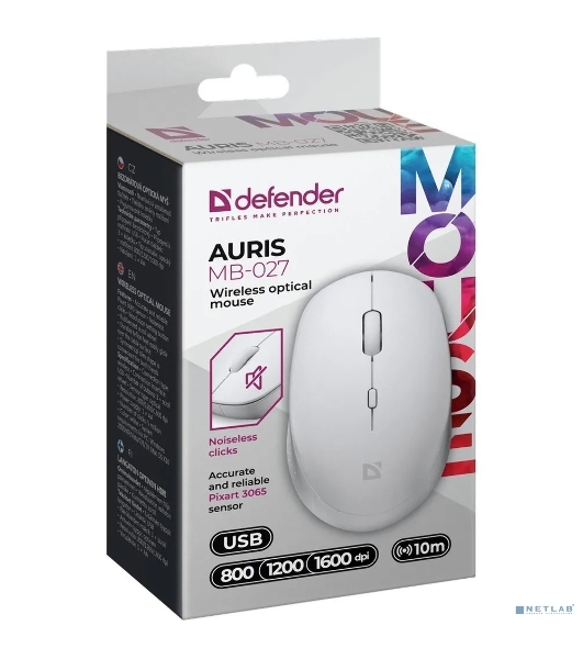 Мышь беспроводная Defender Auris MB-027 белый, 1600 dpi, радиоканал, USB, кнопки - 4