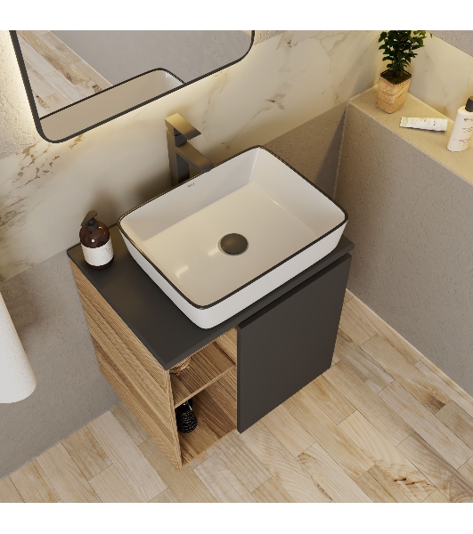Тумба Bau Dream Blackwood 60 правая, графит, раковина BAU Hotel Black Rand 48х37, смеситель для раковины высокий, выпуск клик клак