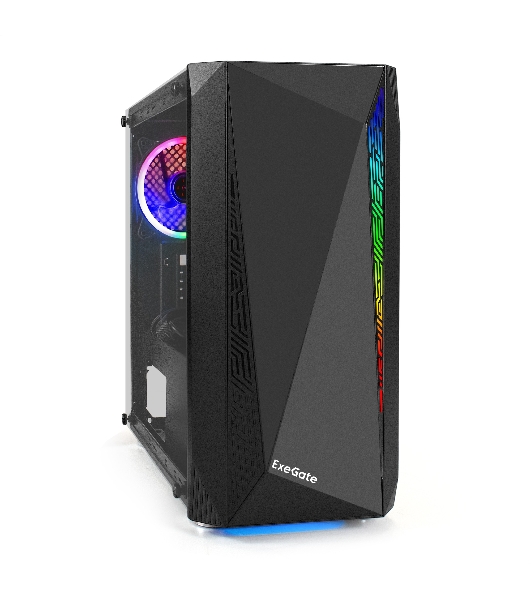 Компьютерный корпус Minitower ExeGate Mistery R2-NPX600 (mATX, БП 600NPX с вент. 12 см, 2*USB+1*USB 3.0, аудио, черный, 1 вент. 12см с RGb подсветкой и полоса на передней панели, боковая панель - закаленное стекло)
