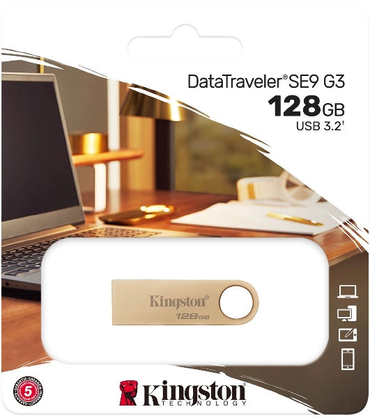 Флешка USB Kingston DataTraveler SE9 G3 (DTSE9G3/128 Gb), 128Gb, USB 3.2 Gen 1, R/W 220/100, золотистый
