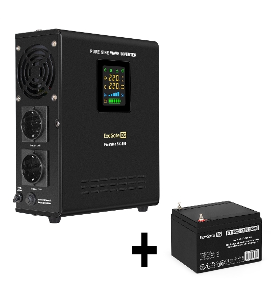 Комплект Источник бесперебойного питания EX295995RUS + батарея 26Aч EX282970RUS 1шт (инвертор, синус, для котла, настенный) ExeGate FineSine SX-500.LCD.AVR.2SH <500VA/300W, чистая синусоида, цветной LCD-дисплей, AVR, 2*Schuko, линейно-интерактивный, крепление настенное/универсальное, черный> + батарея ExeGate DT 1226 (12В, 26Ач) 1шт
