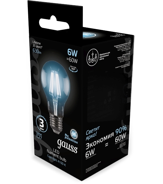 Лампа светодиодная Gauss 102802206LED Filament А60 Е27 6Вт 4100к 1/10/40