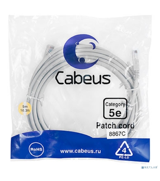 Шнур коммутационный Cabeus, Cat.5e, неэкр., U/UTP, RJ45/RJ45, LSZH, AWG24, 5м, серый