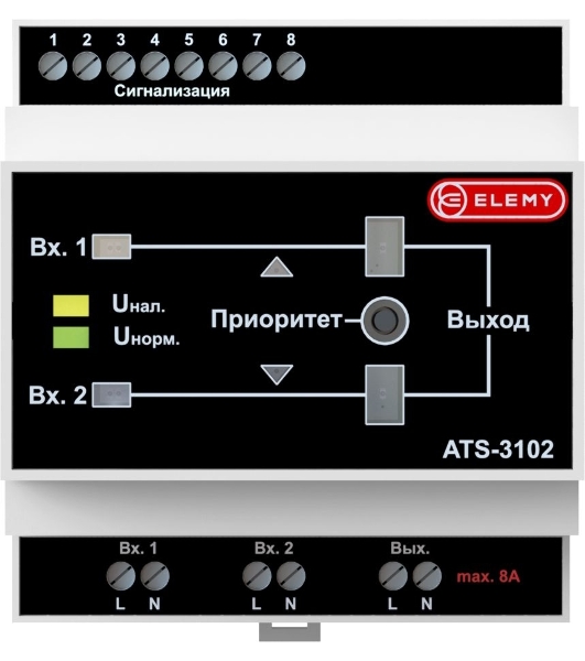 Электронно-механический АВР Elemy ATS-3102 4DIN ввод:2xвинтовая клема выход:1xвинтовая клема8A серый
