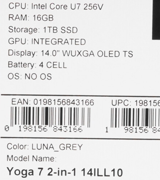 Ноутбук Lenovo Yoga 7 2-in-1 14ILL10 Intel Core Ultra 7 256V 2200MHz/14'/1920x1200 OLED/16GB/512GB SSD/Intel Arc Graphics/Wi-Fi/Bluetooth/Windows 11 Pro (83JQ007YRK_Win11P) Grey