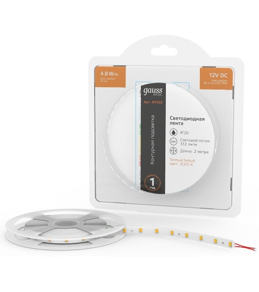 Лента светодиодная Basic Gauss 12V 4,8W/m 312lm/m 3000K IP20 LED 2m 1/120