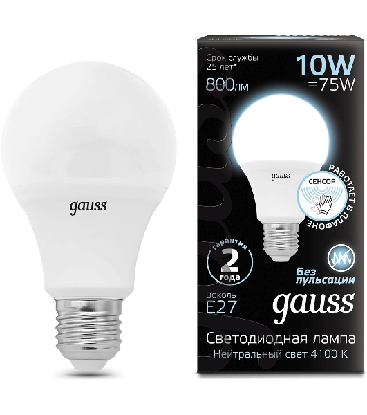Лампа светодиодная Gauss 102502210-M 10Вт цок.: E27 груша 220B св. свеч. бел. нейт. A60 (упак.: 10 шт)