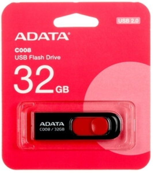 Флешка USB ADATA С008 (AC008-32G-RKD), 32Gb, USB 2.0, R/W 15/5, черный/красный