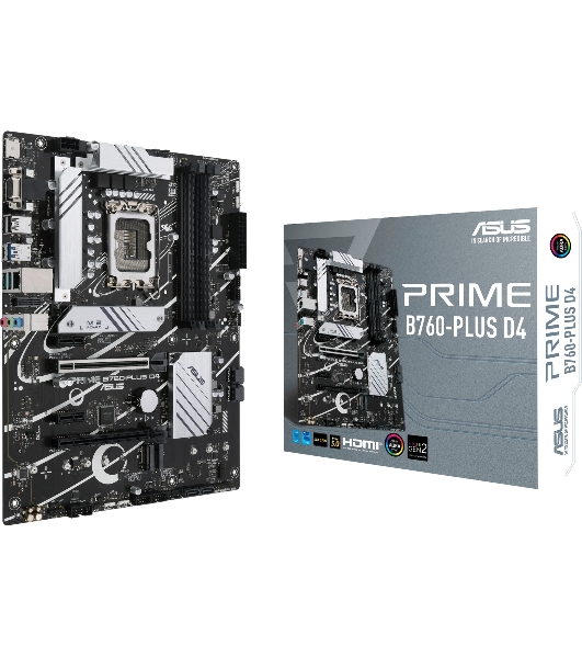Материнская плата ASUS PRIME B760-PLUS D4, LGA 1700, Intel B760, 4xDDR4, 4xSATA, 3xM.2, 1xPCIe 4.0 x4, 1xPCIe 5.0 x16, 1xHDMI, 1xDP, 1xVGA, 1x 2.5Gb LAN, 1xUSB 3.2 Gen 2, 2xUSB-A 3.2 Gen 2, 3x3.5 мм, 7.1, ATX
