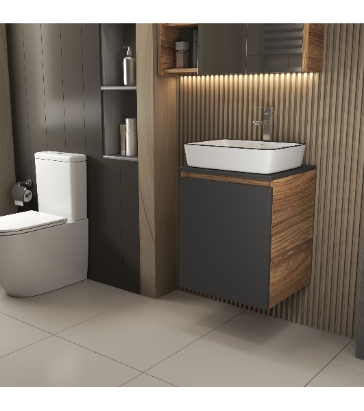 Тумба Bau Dream Blackwood 50 графит, раковина BAU Hotel Black Rand 48х37, смеситель для раковины высокий Hotel Still, нержавеющая сталь