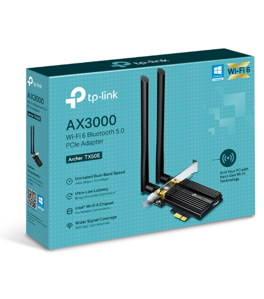 Адаптер Tp-Link ARCHER TX50E 11AX 3000Mbps dual-band PCI-E adapter, 2402Mbps at 5G and 574Mbps at 2.4G, support Bluetooth 5.0, WPA2 encryption, two external Antennas.