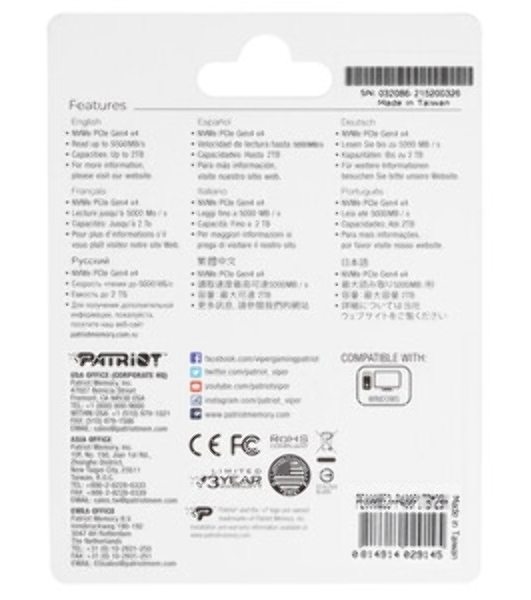 Накопитель SSD Patriot P400 Lite 1Tb M.2 2280 NVMe PCle 4.0 x4 R3500/W2700 TbW 560Tb 3D NAND with HS