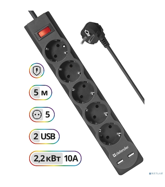 Сетевой фильтр Defender 5M DFS 755 5OUTL.