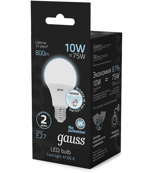 Лампа светодиодная Gauss 102502210-M 10Вт цок.: E27 груша 220B св. свеч. бел. нейт. A60 (упак.: 10 шт)