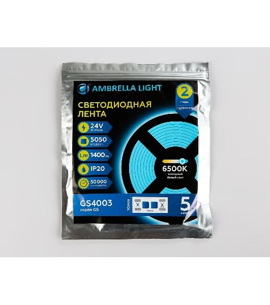 Светодиодная лента Ambrella light GS4003 5050 60Led/ 14.4W m/ 24V IP20 6500K/ 5000*10*1.87mm (2 конт.)