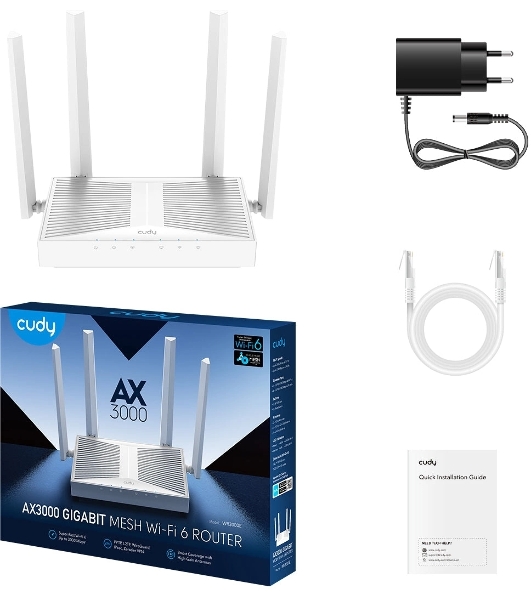 Роутер беспроводной Cudy WR3000E 2.0 Гигабитный роутер Wi-Fi 6 AX3000, 2,4/5 ГГц, до 2976 Мбит/с, 5x1 Гбит/с, IPv6, 4 антенны, черный