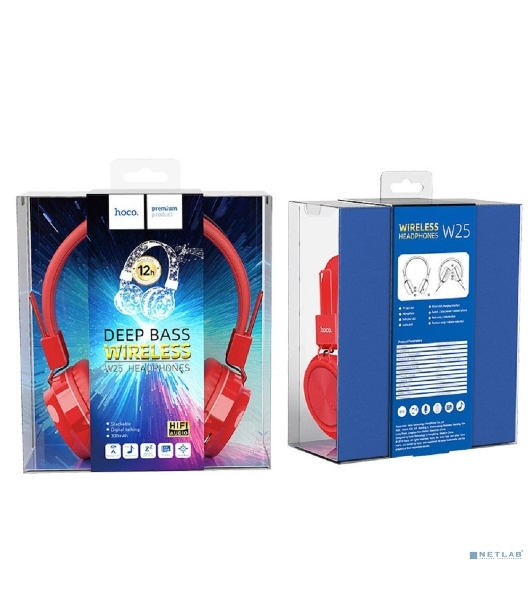 Беспроводные/проводные наушники Hoco W25 красный, полноразмерные, Bluetooth + проводной, до 12 ч.