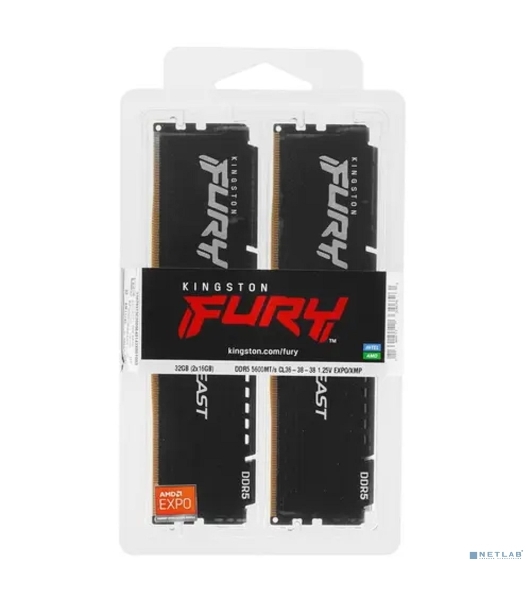 Оперативная память Kingston Fury Beast, DDR5, 32GB (2x16GB), 5600MHz, CL36, DIMM, с радиаторами, черный