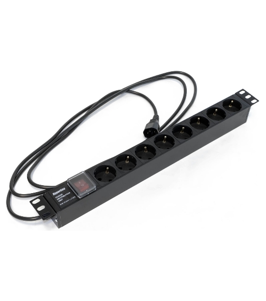 Hyperline SHE19-8SH-S-2.5IEC Блок розеток для 19' шкафов, горизонтальный, с выключателем с подсветкой, 8 розеток Schuko (10A), 250В, кабель питания 3х1.0мм2, длина 2.5 м, с вилкой IEC 320 C14, 482.6x4