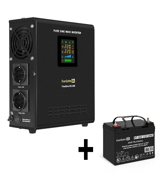Комплект Источник бесперебойного питания EX295995RUS + батарея 33Aч EX282974RUS 1шт (инвертор, синус, для котла, настенный) ExeGate FineSine SX-500.LCD.AVR.2SH <500VA/300W, чистая синусоида, цветной LCD-дисплей, AVR, 2*Schuko, линейно-интерактивный, крепление настенное/универсальное, черный> + батарея ExeGate DT 1233 (12В, 33Ач) 1шт