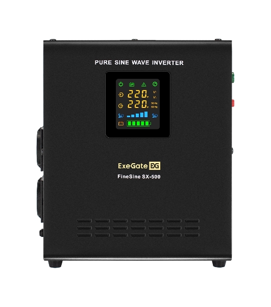 Комплект Источник бесперебойного питания EX295995RUS + батарея 33Aч EX282974RUS 1шт (инвертор, синус, для котла, настенный) ExeGate FineSine SX-500.LCD.AVR.2SH <500VA/300W, чистая синусоида, цветной LCD-дисплей, AVR, 2*Schuko, линейно-интерактивный, крепление настенное/универсальное, черный> + батарея ExeGate DT 1233 (12В, 33Ач) 1шт