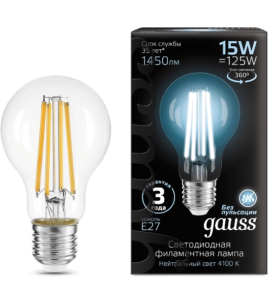 Лампа светодиодная Gauss Filament 102902215 15Вт цок.: E27 груша 220B св. свеч. бел. нейт. (упак.: 10 шт)