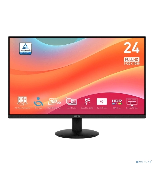 Монитор 23.8' MSI Pro MP242L IPS 1920x1080, 100 Гц, 4 мс, 16:9, 250 кд/м², HDMI 1.4b, DP 1.2a, 3.5 мм, Adaptive-Sync, черный
