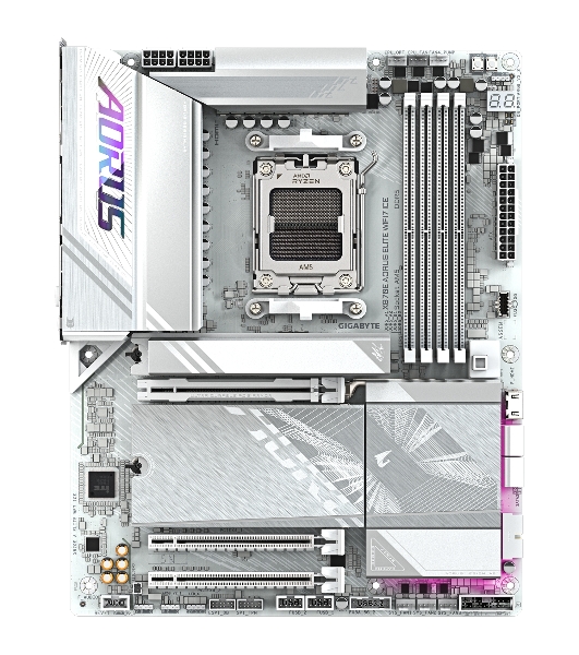 Материнская плата Gigabyte X870E A ELITE WF7 ICE, AM5, AMD X870, 4xDDR5, 4xSATA, 4xM.2, 1xPCIe 5.0 x16, 1xPCIe 4.0 x4, 1xPCIe 3.0 x2, 1xHDMI (v2.1), 2xUSB Type-C, 2xUSB-A 10Gbps, 4xUSB-A 5Gbps, 4xUSB-A 2.0, S/PDIF, 1x2.5Gb LAN, Wi-Fi 7, Bluetooth 5.4, 2x3.5 мм, 7.1, ATX