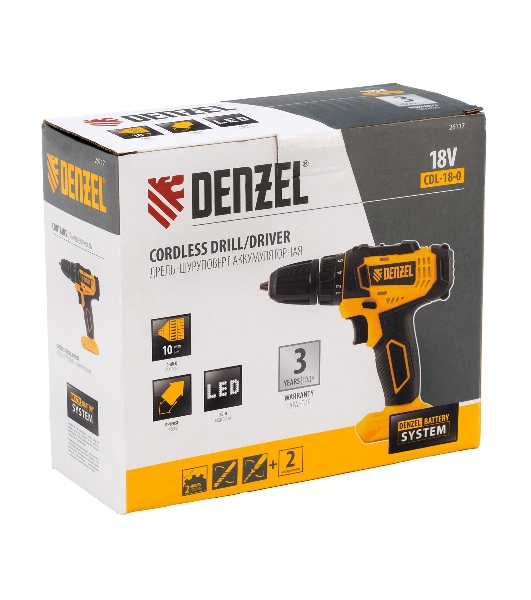 Дрель-шуруповерт Denzel CDL-18-0, 18 В, 0 Ач, 30 Нм, щеточный