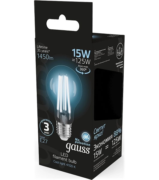 Лампа светодиодная Gauss Filament 102902215 15Вт цок.: E27 груша 220B св. свеч. бел. нейт. (упак.: 10 шт)